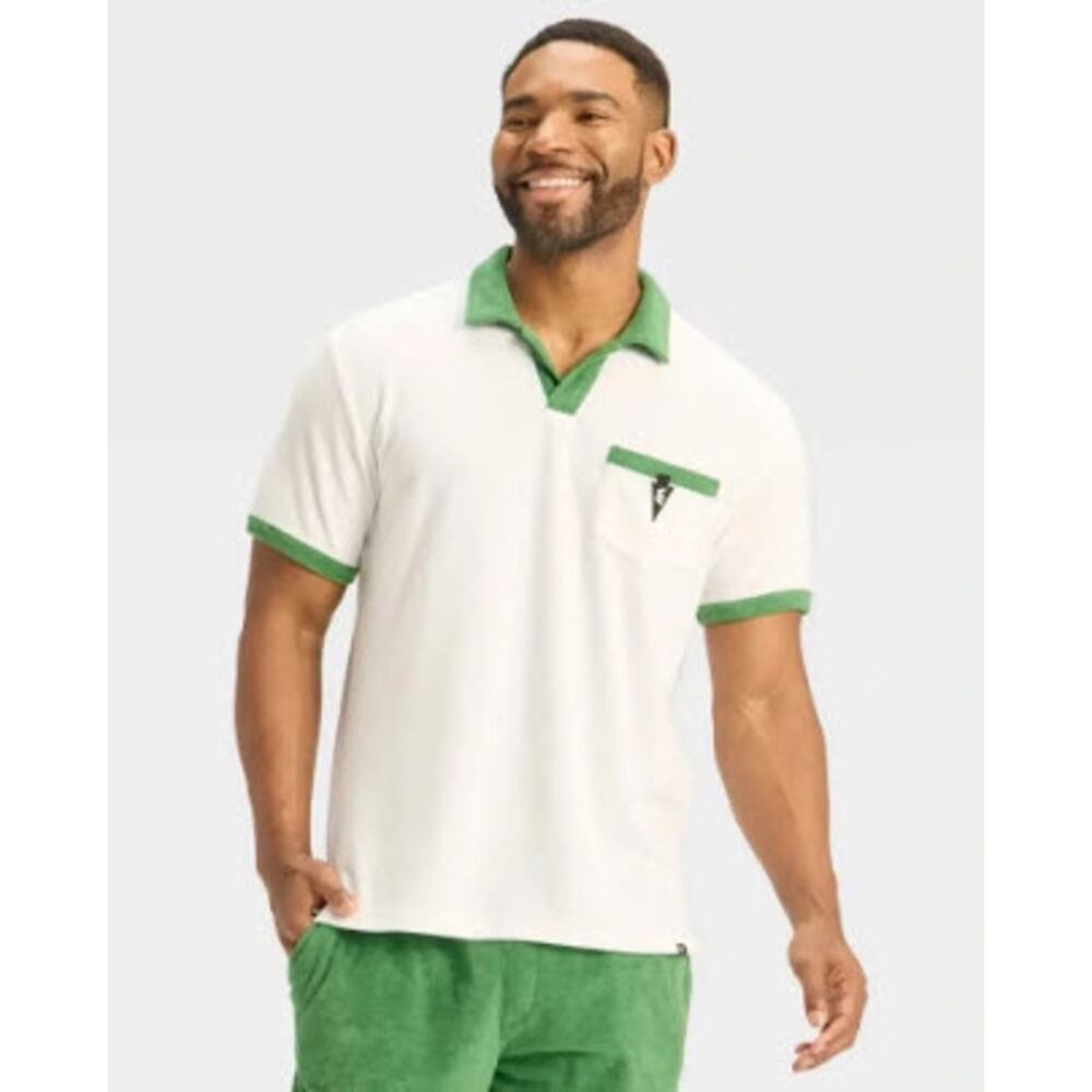 Houston White Men's Johnny Collared Polo Shirt White Green Trim Size Large